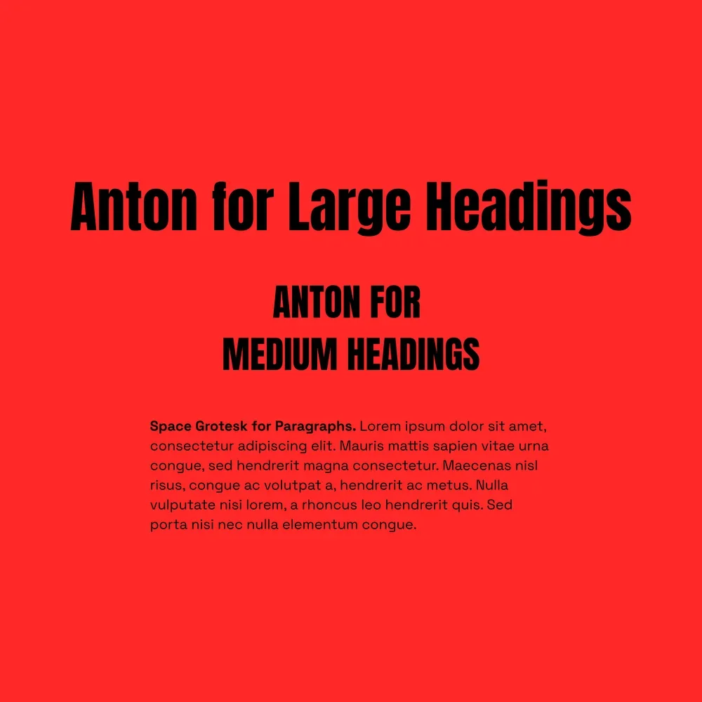 Anton and Space Grotesk font pairing specimen in black text on a bright red background