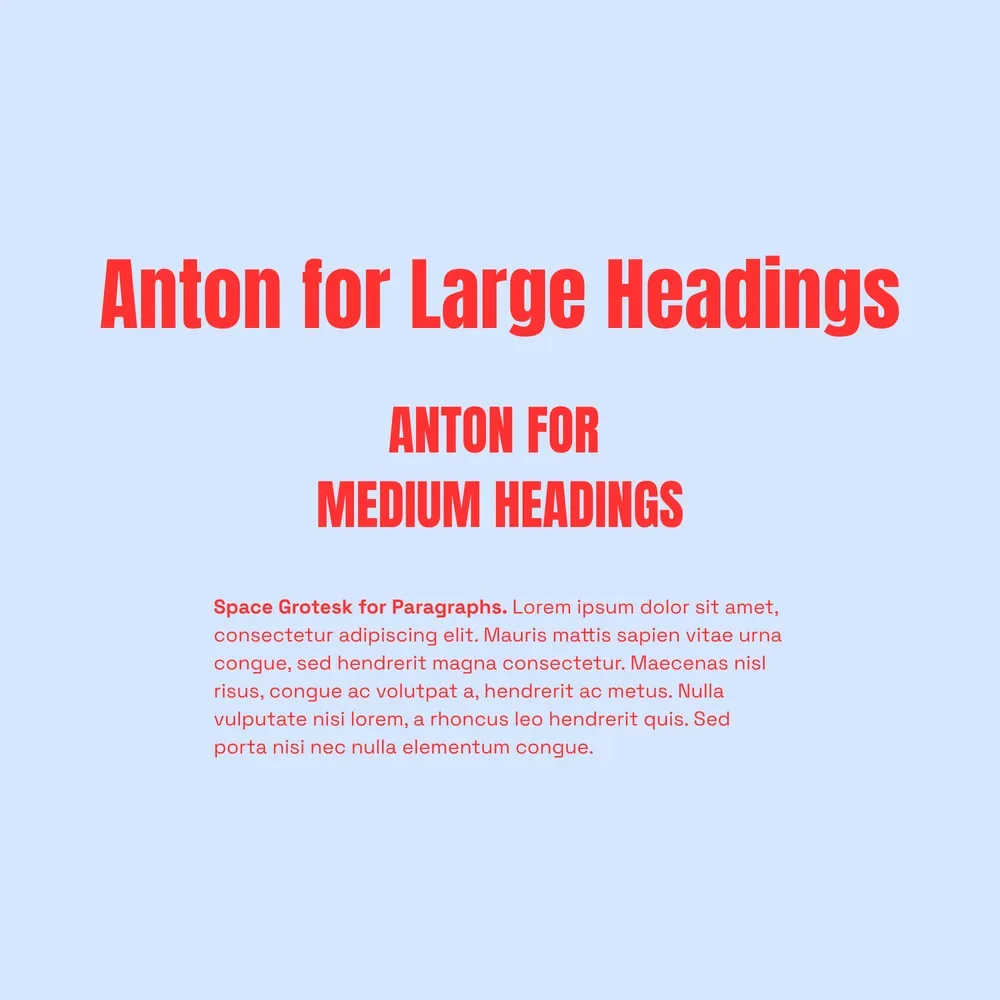 Anton and Space Grotesk font pairing specimen in red text on a light blue background
