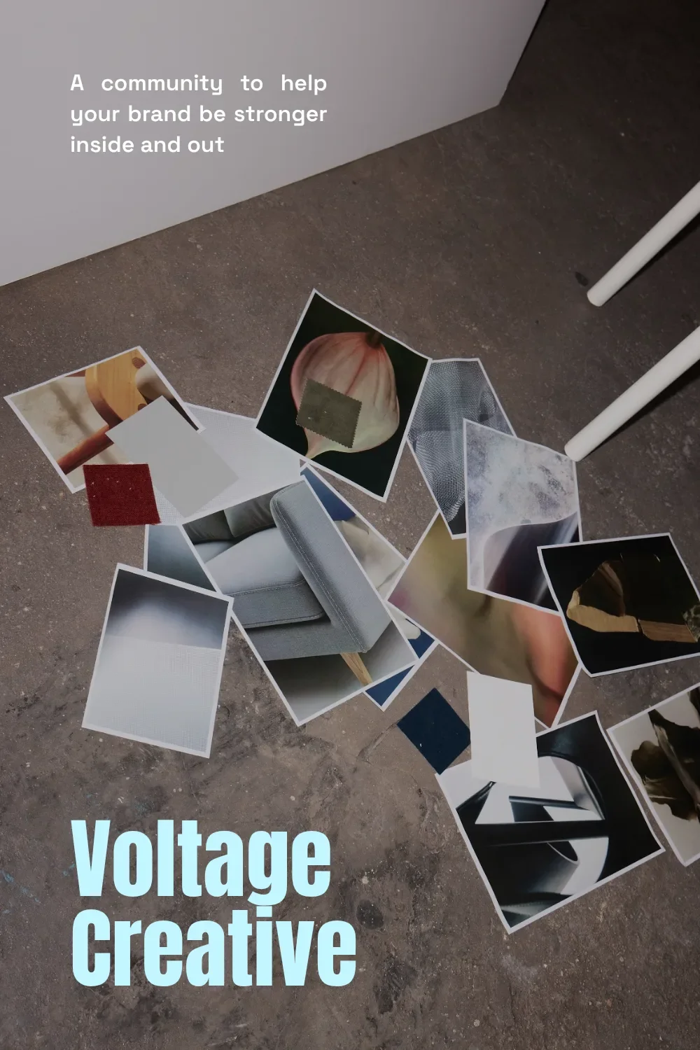 Anton heading and Space Grotesk text font pairing over moodboard prints scattered on a concrete floor