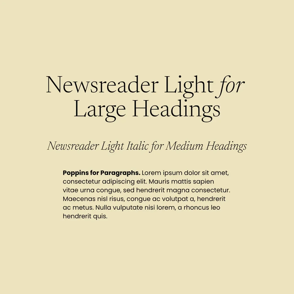 Newsreader Light and Poppins font pairing specimen in black text on a butter yellow background