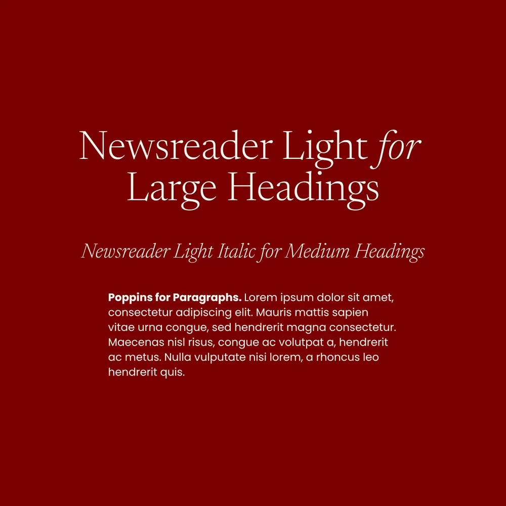 Newsreader Light and Poppins font pairing specimen in white text on a deep burgundy background