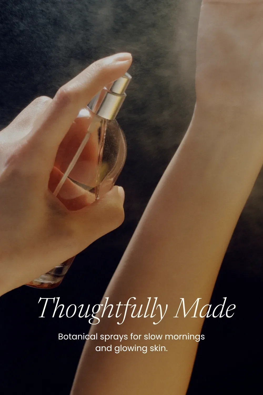 Newsreader Light Italic and Poppins font pairing over a hand spraying botanical mist on a wrist