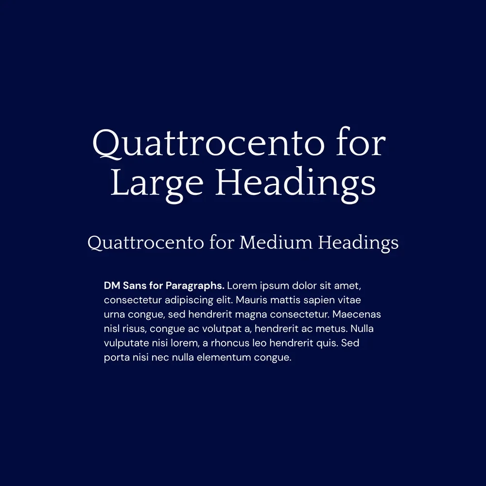 Quattrocento and DM Sans font pairing specimen in cream text on a deep navy background