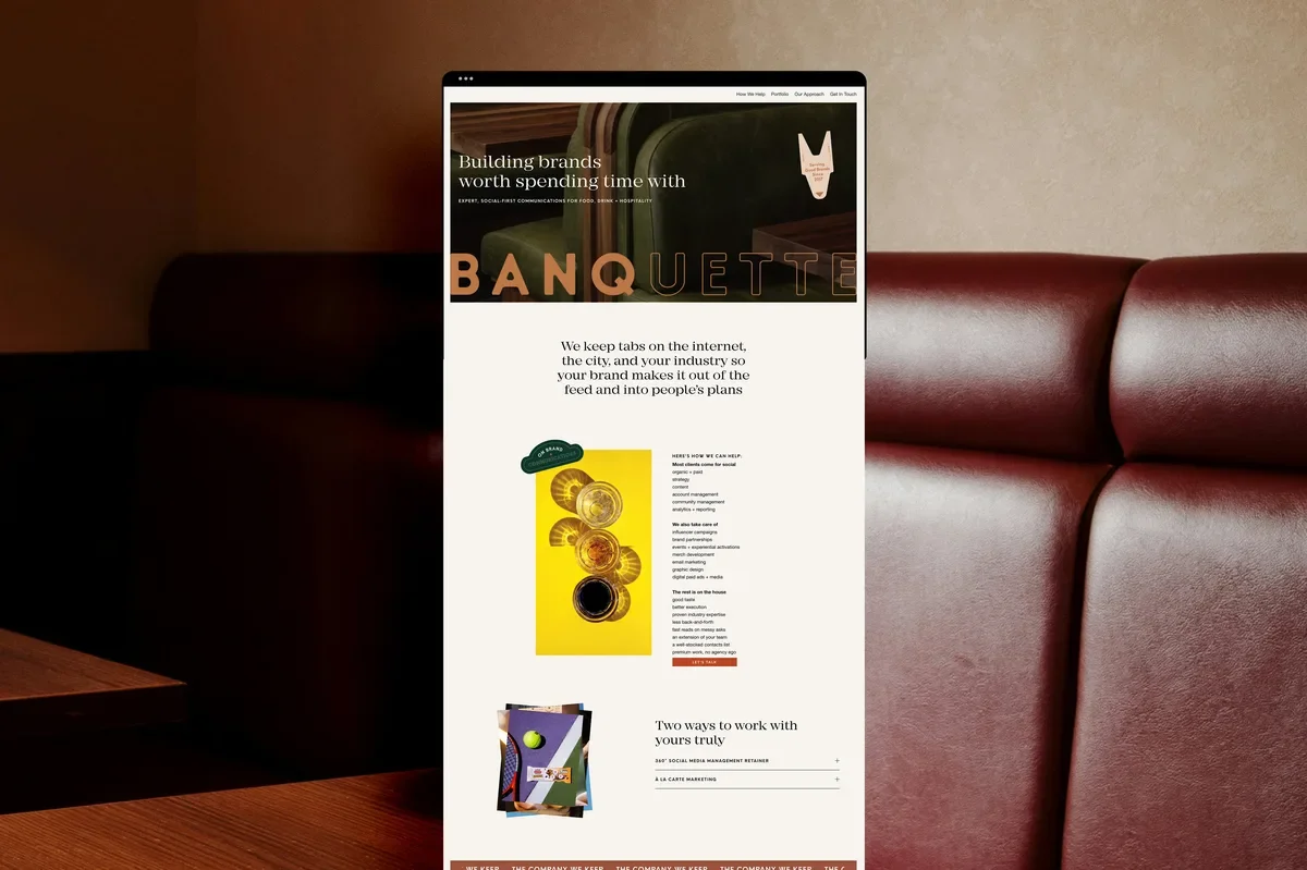 Tablet mockup showing scrolled homepage sections of Banquette's custom-designed marketing agency website