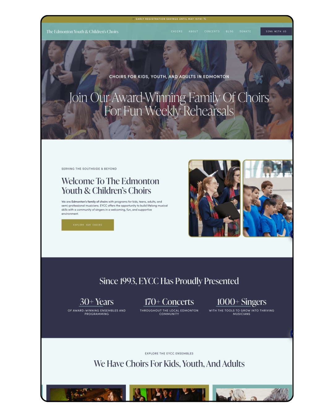 mockup of a website home page for an Edmonton business - the edmonton youth and children's choirs