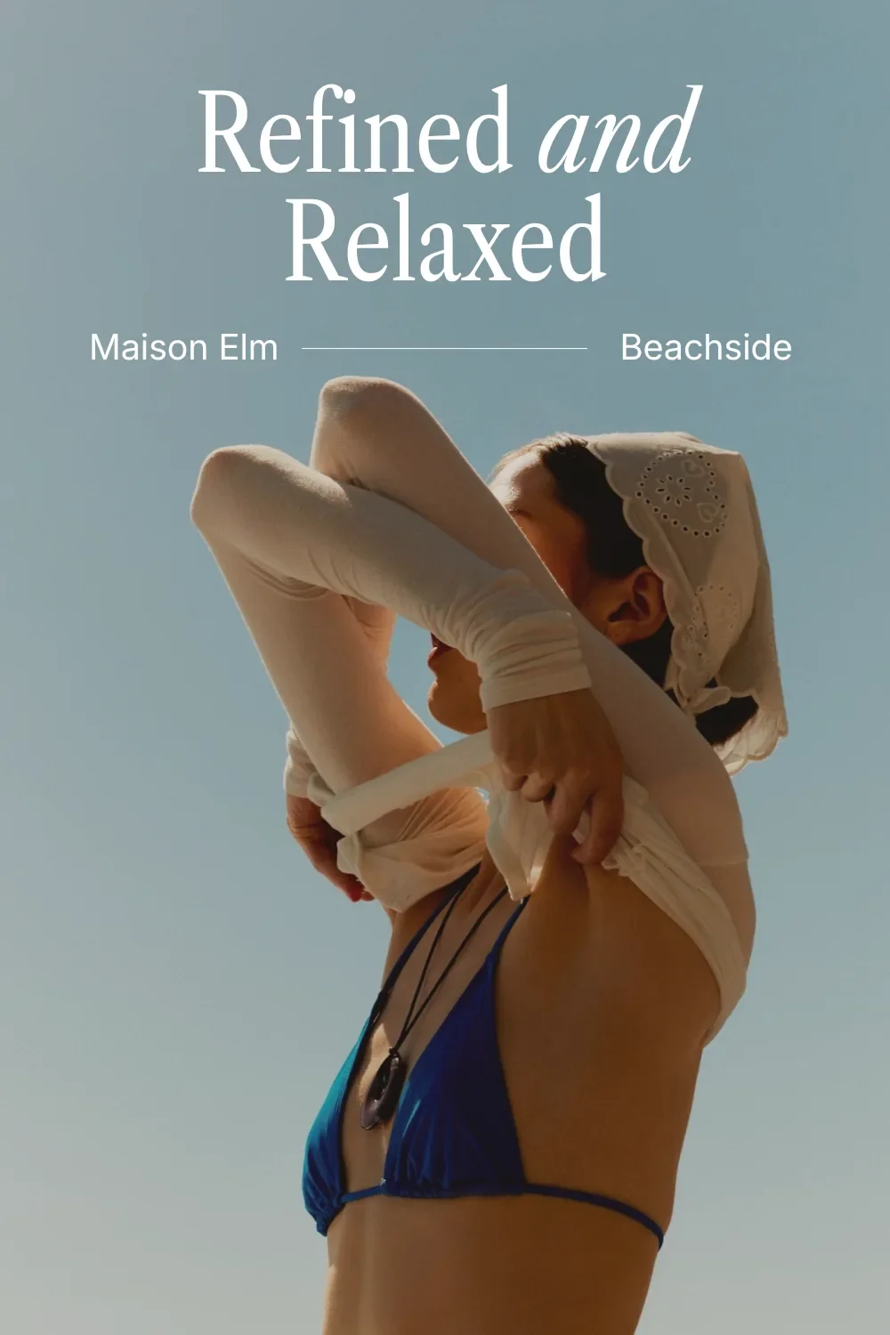 Elegant Libre Caslon Condensed heading and Inter text over a woman in a headscarf against a blue sky