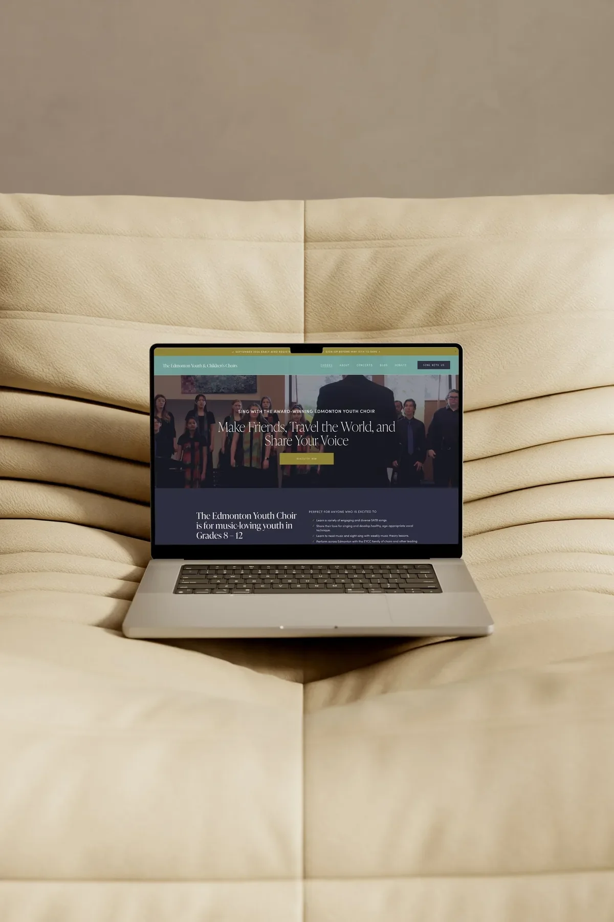 Edmonton Youth Choir’s Squarespace website redesign on a laptop, with singers behind the headline 