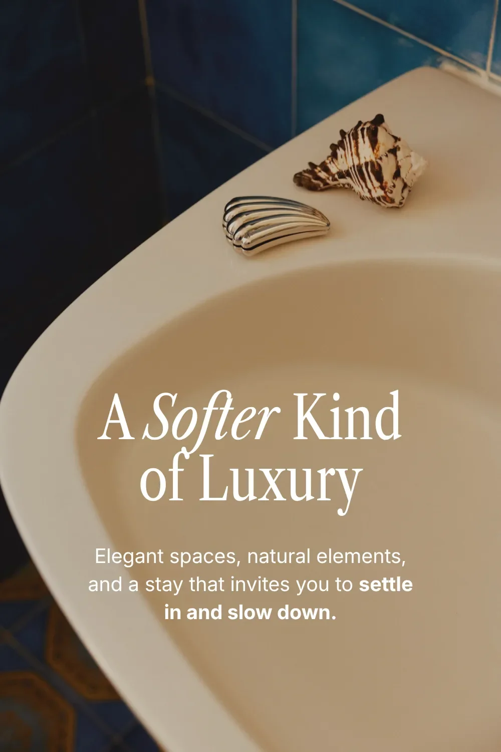 Libre Caslon Condensed with italics and Inter body text over seashells on a cream bathroom sink