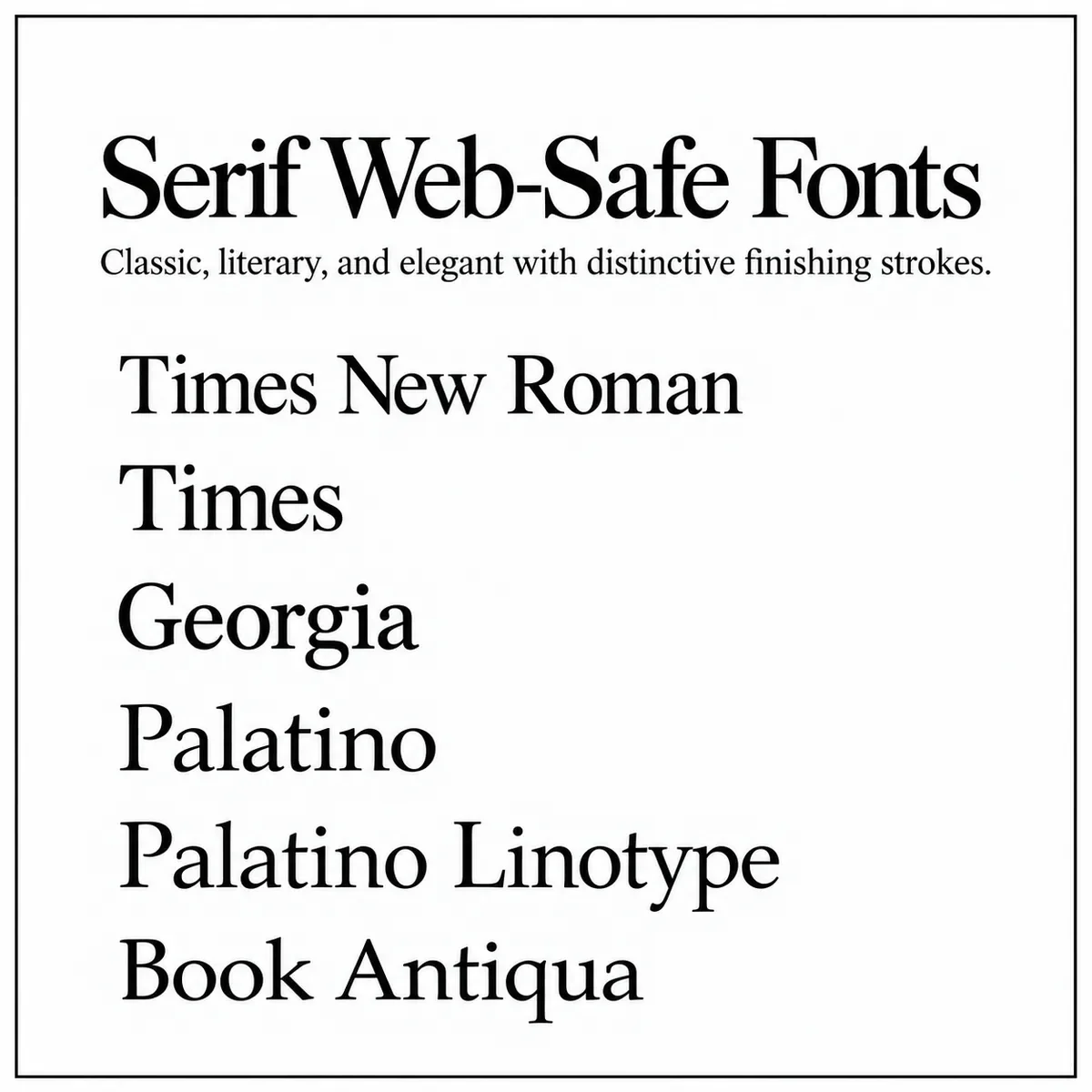 List of serif web-safe fonts: Times New Roman, Times, Georgia, Palatino, Palatino Linotype and Book Antiqua