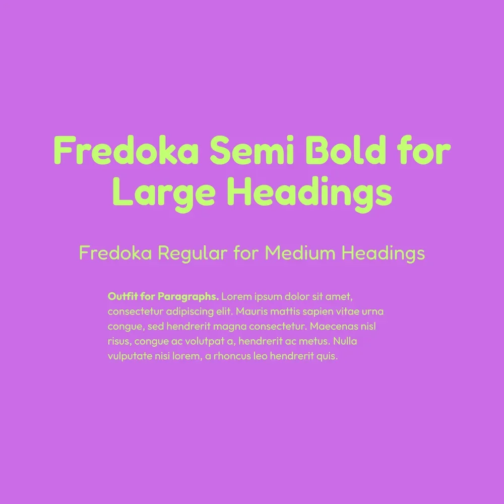 Fredoka Semi Bold and Regular headings with Outfit paragraphs in lime green on purple, a fun Google font pairing