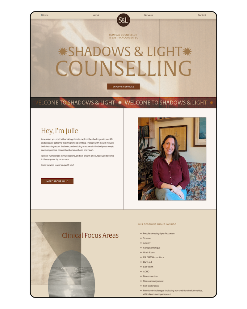 Shadows and Light counselling website design mockup