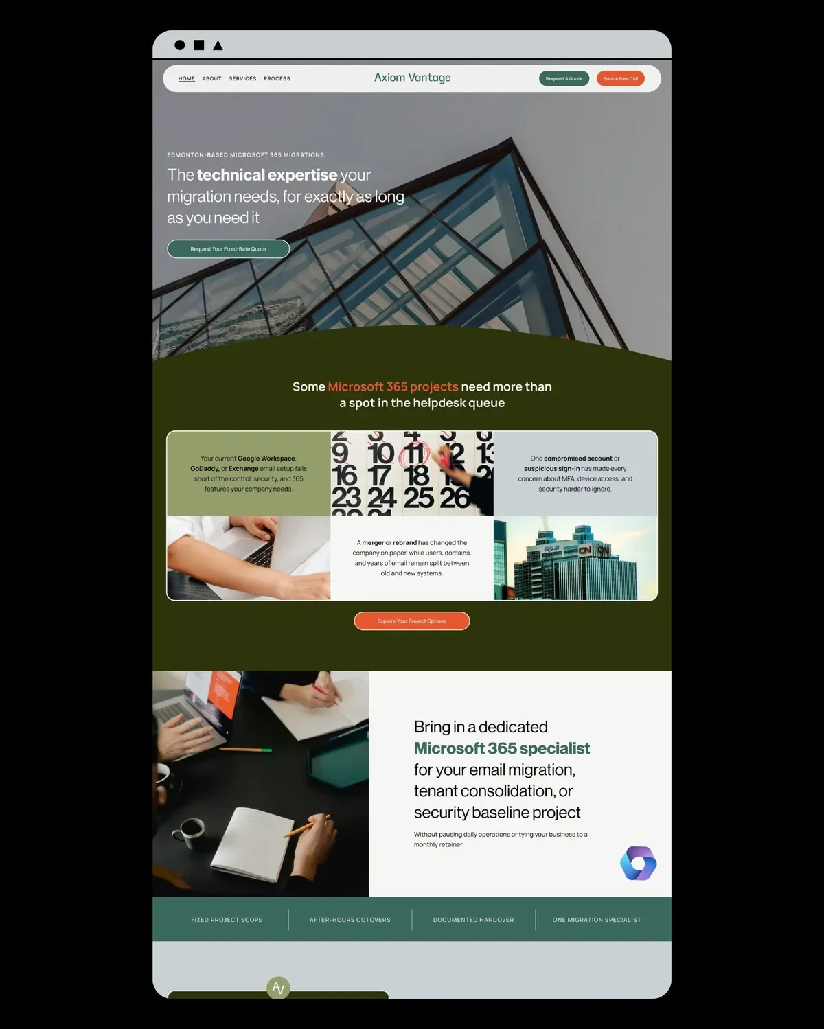 Axiom Vantage’s Squarespace website redesign, with a glass building hero and olive-green project grid