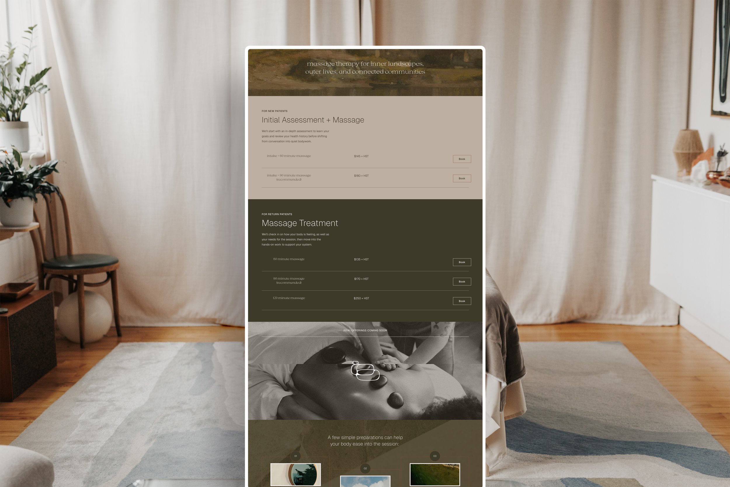 mockup of a services page for a squaresapce website for a massage therapist