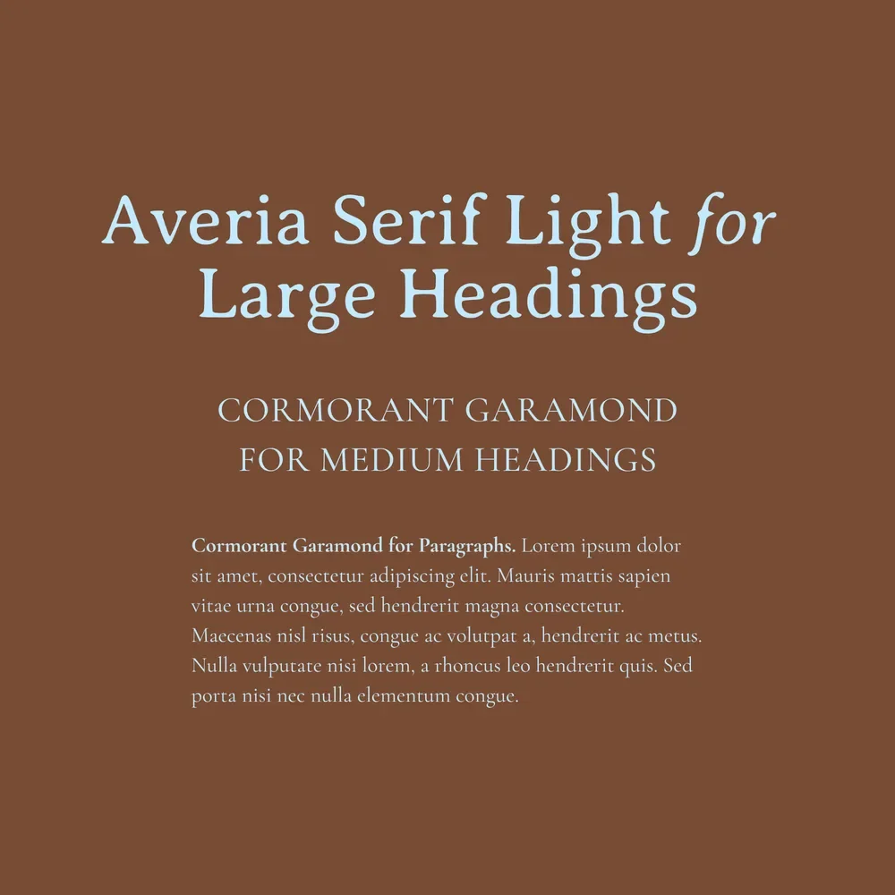 Averia Serif Light and Cormorant Garamond font pairing specimen in pale blue on a warm brown background