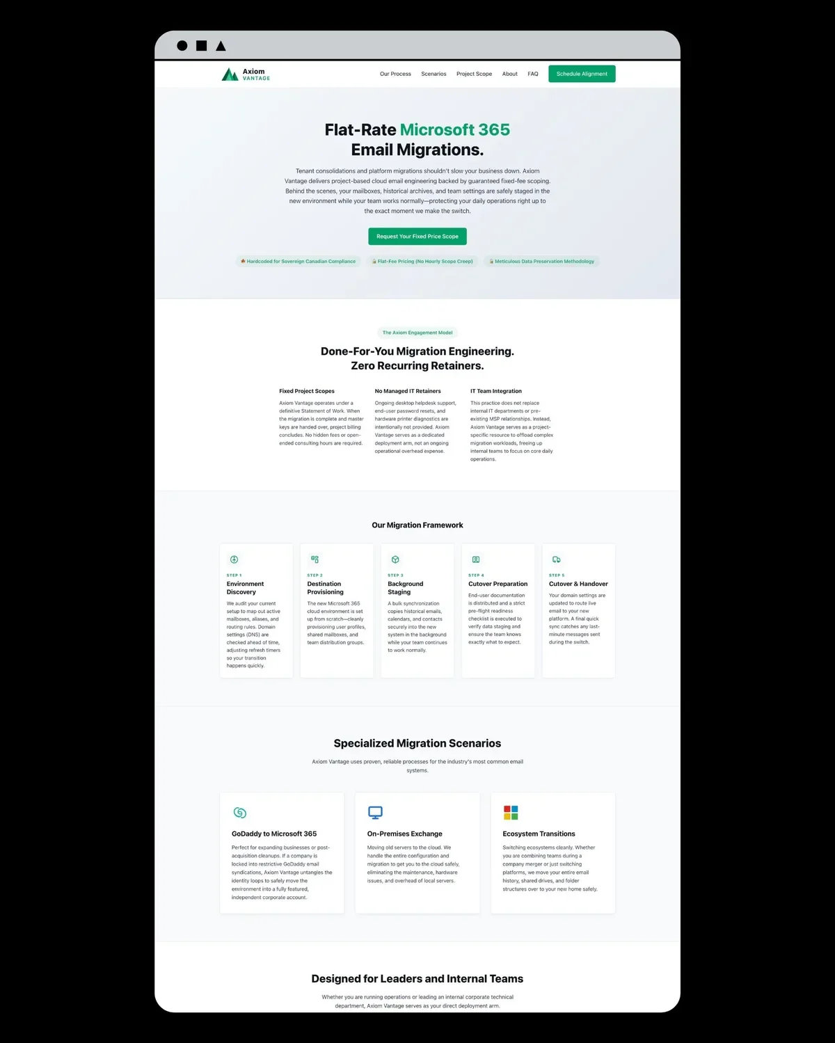 Axiom Vantage’s homepage before its website redesign, with a generic green layout and migration steps