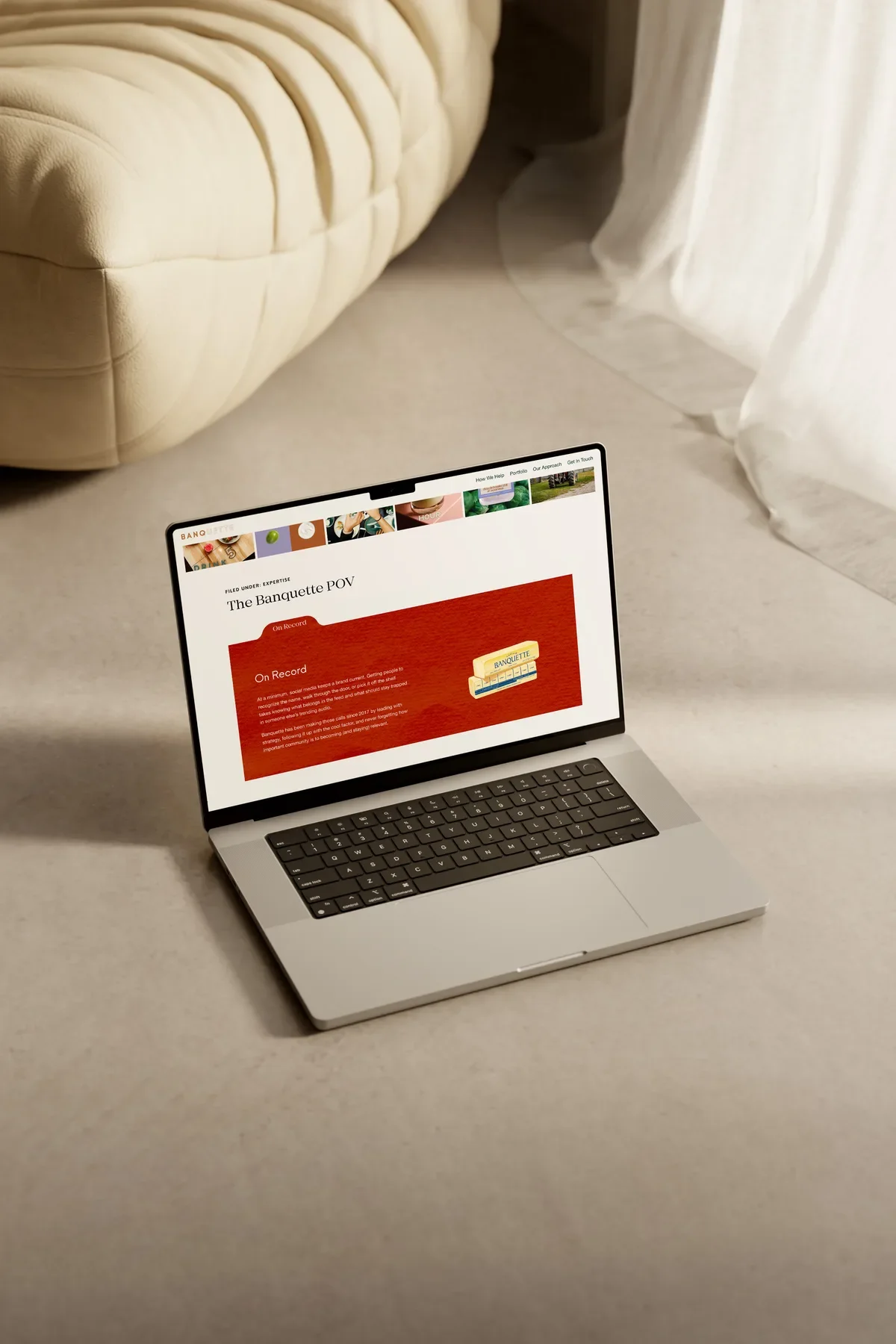 Laptop mockup of the Banquette POV blog page from a custom website design project