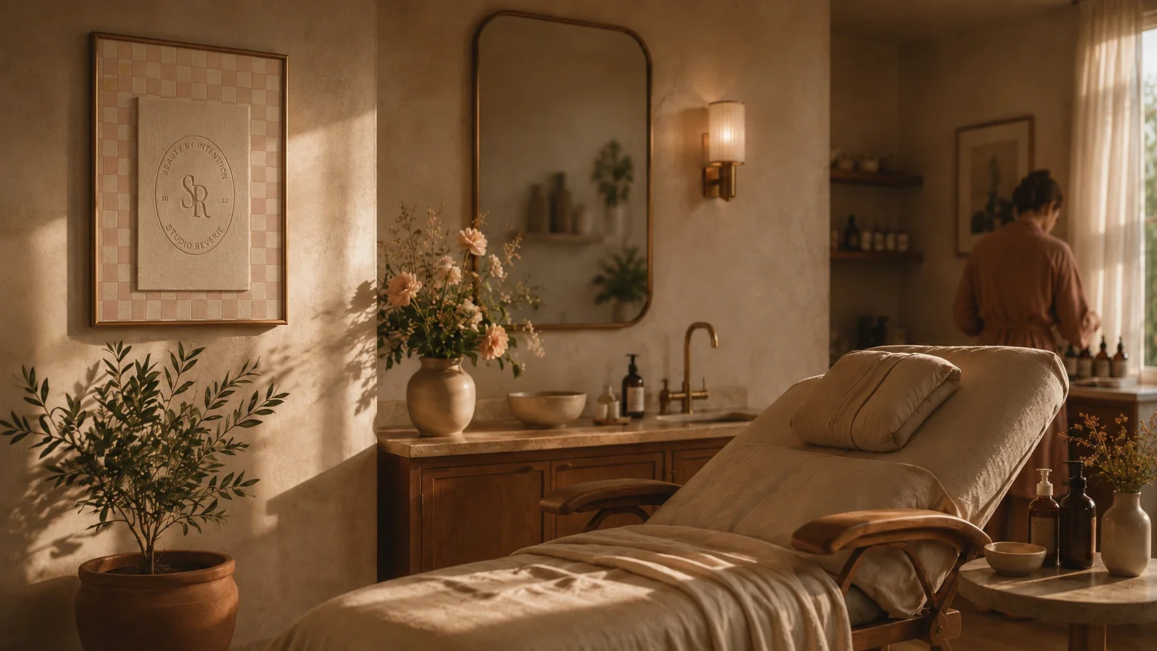Feminine spa treatment room interior with warm lighting and framed beauty studio logo art