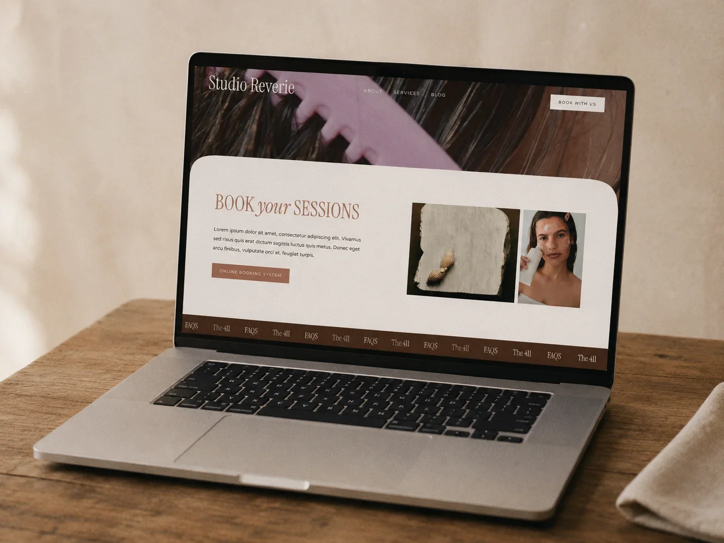 Laptop mockup of a hair salon website booking page inviting visitors to book their sessions