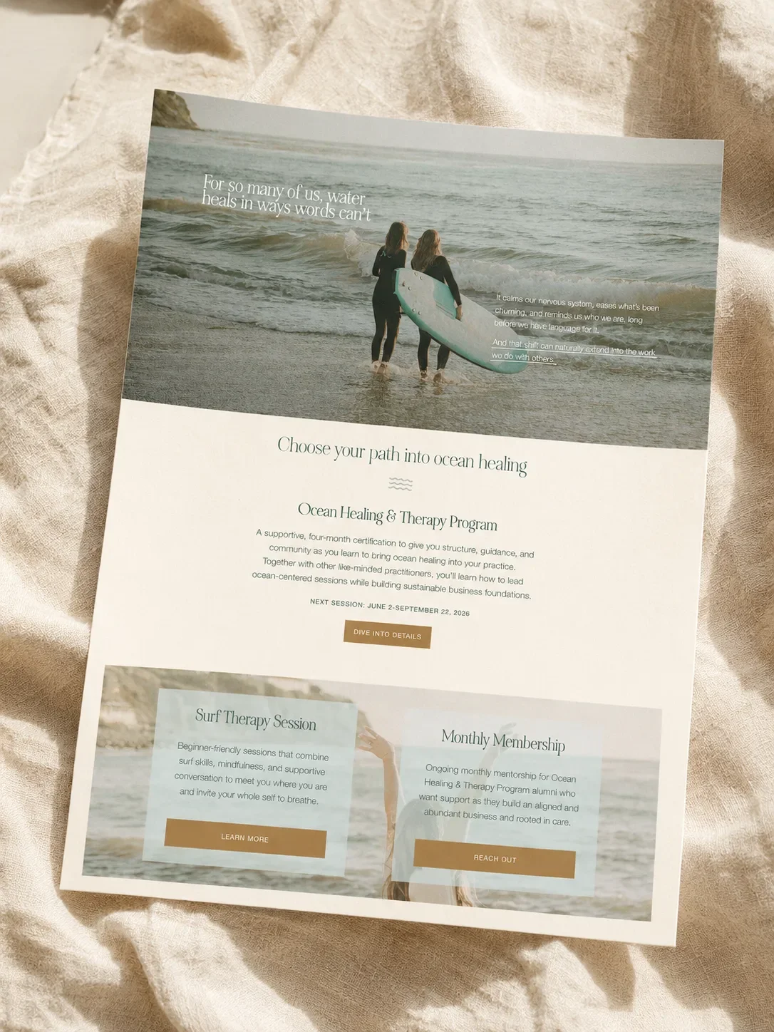 Printed mockup of the Ocean Healing & Therapy Program page from a custom website design project
