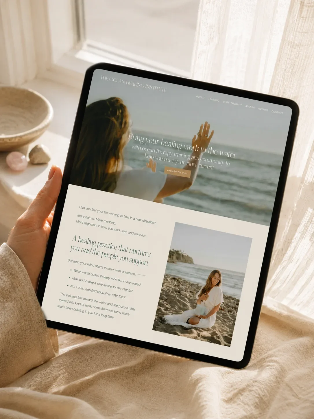 iPad mockup of The Ocean Healing Institute homepage, a custom website designed by Website In A Week