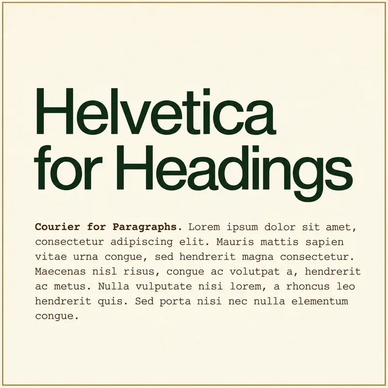 Helvetica and Courier font pairing sample with a dark green heading and brown typewriter-style text on cream