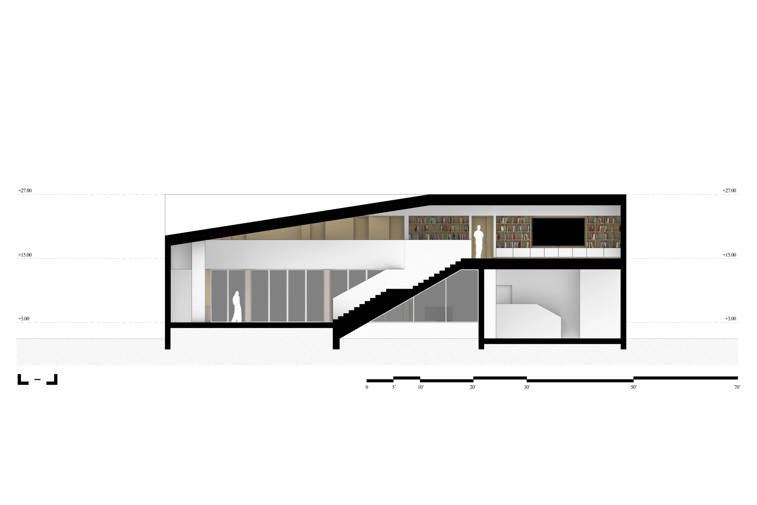 Cross-sectional architectural drawing of a multi-story building with a sloped roof, featuring a staircase, bookshelves, and a large television screen, with human silhouettes for scale.
