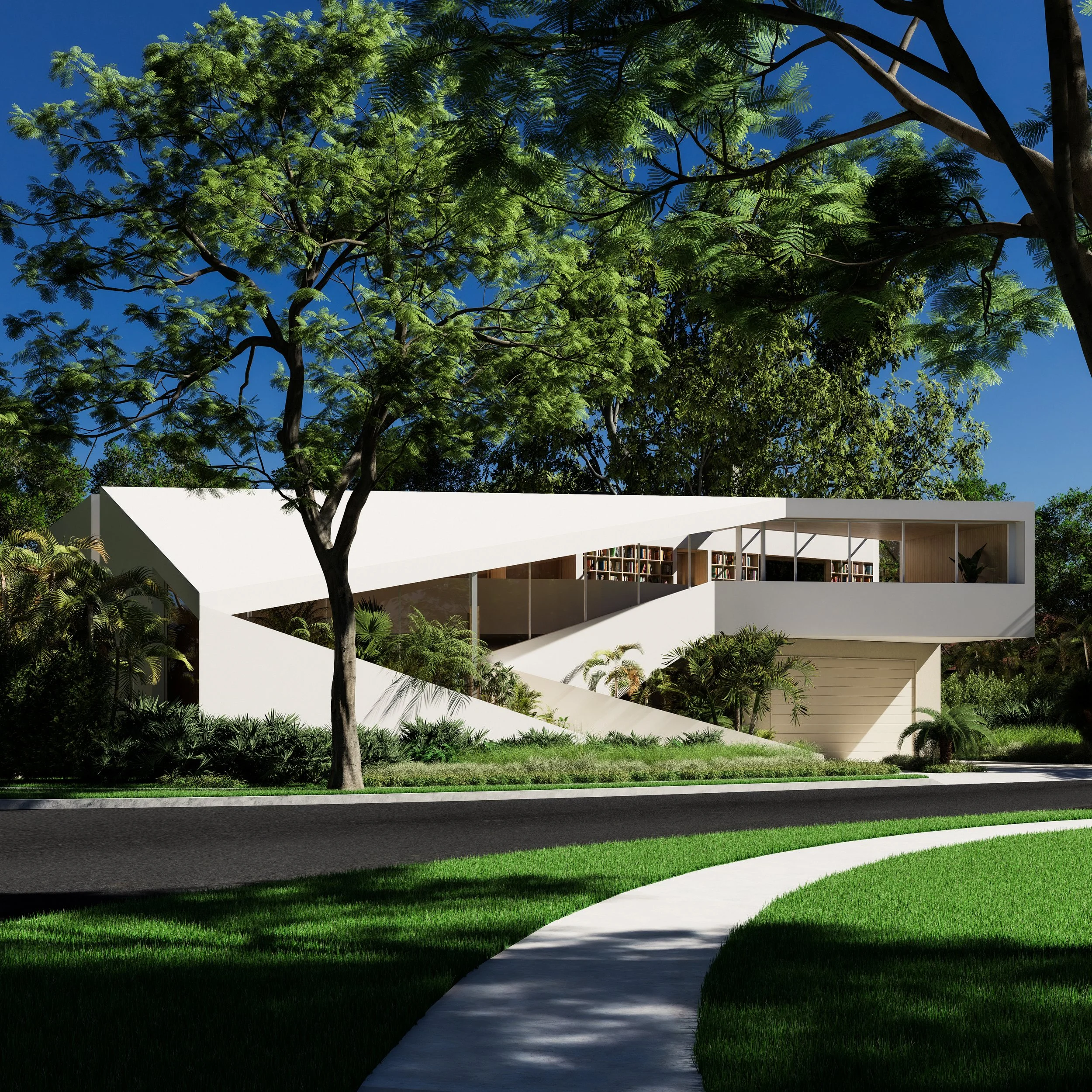 Modern white house with angular design, large windows, surrounded by green trees and lawn, with a curved sidewalk in front.