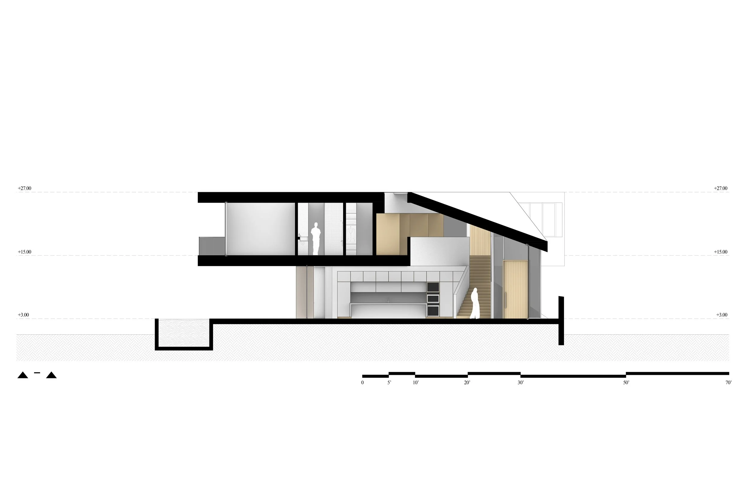 Architectural section drawing of a modern house showing interior spaces, staircase, and sloped roof with black framing.