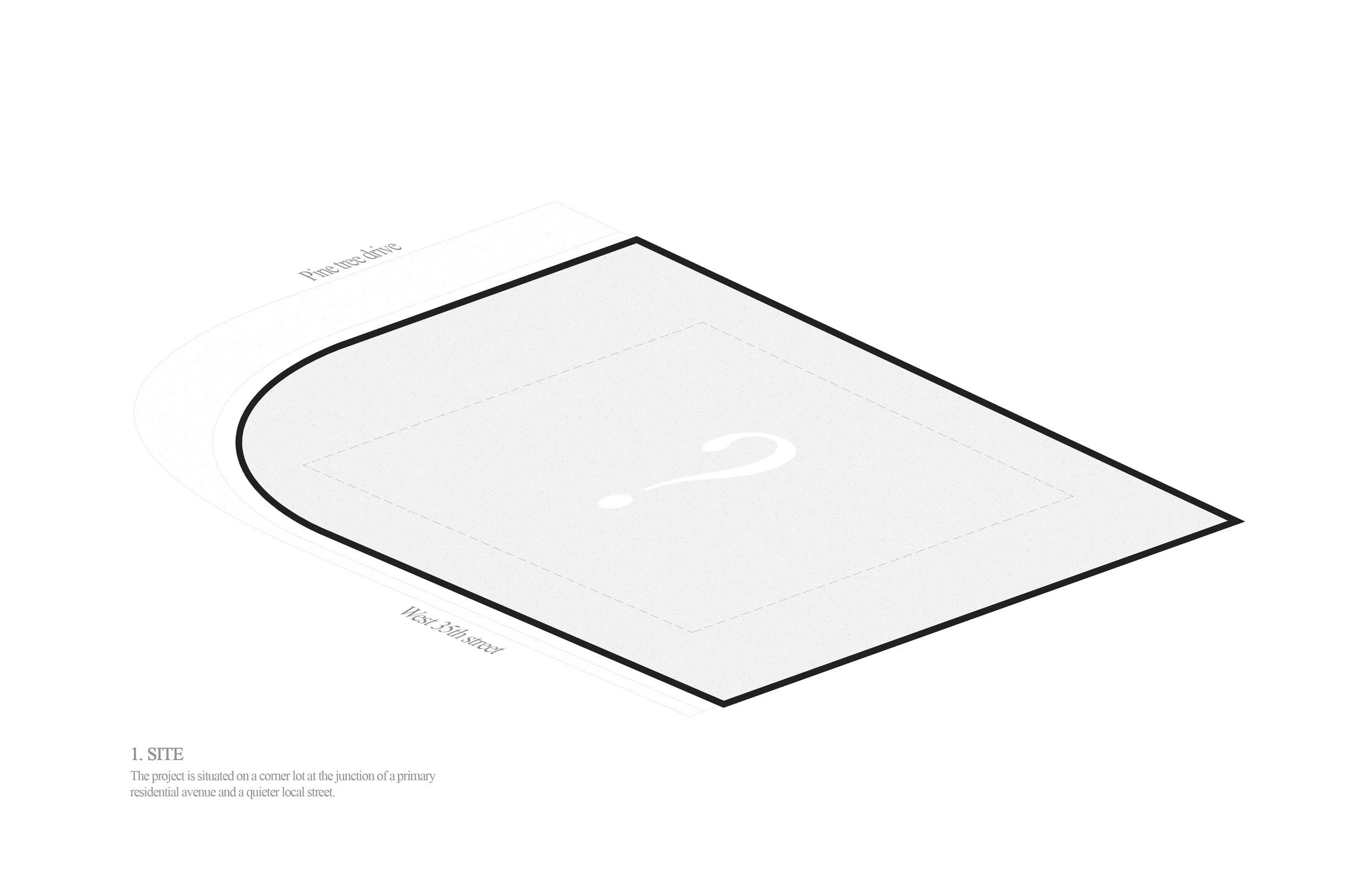 Architectural site plan showing a corner lot at the junction of West 35th Street and Pi in the United States with a question mark in the center and a brief description about the site.