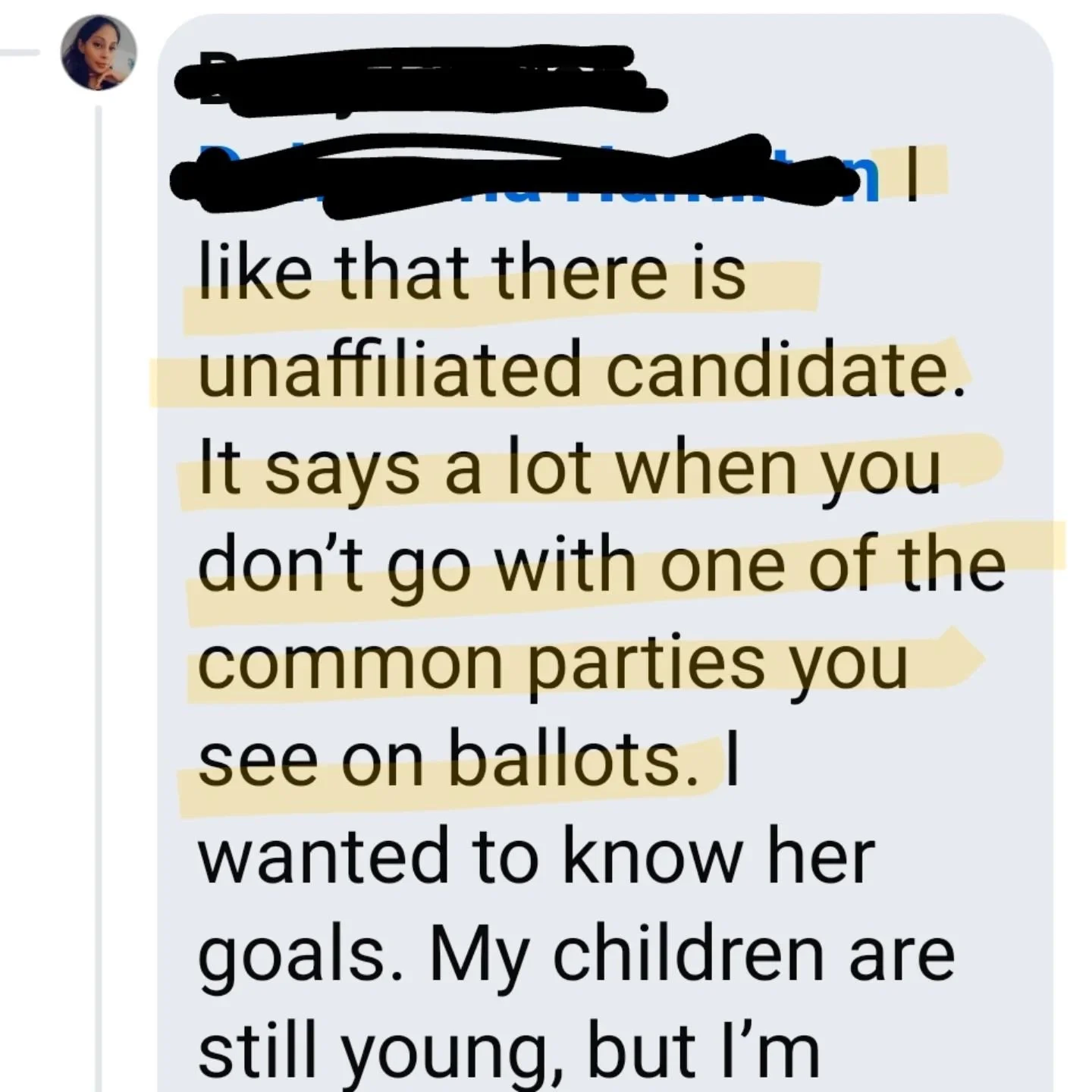 A lot of people have been asking about my being unaffiliated. 

I want to remind everyone that school board is a non-partisan race!! But I know people still want to know, so for me, being unaffiliated just means that I'm moderate, not extremist on ei