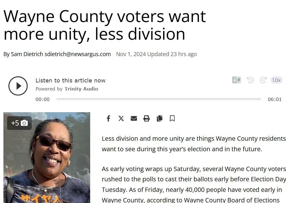 MORE UNITY, LESS DIVISION!!! (article in the Goldsboro News Argus today)

Yes, please!!! This is what I've been saying since DAY ONE of this campaign. The traditional two-party system has done nothing but deepen division between the people of our com