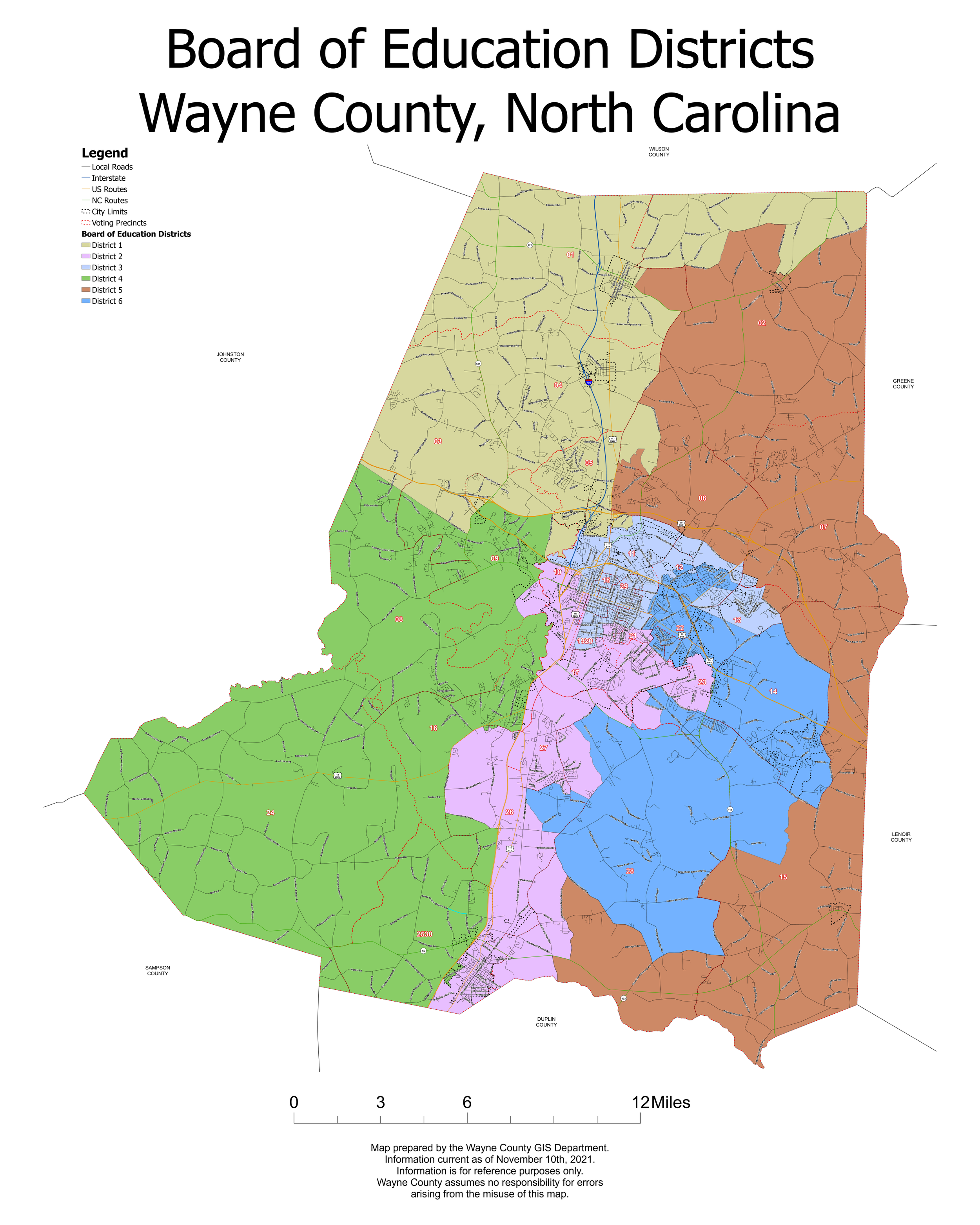 Color-coded map of Wayne County, North Carolina, with six districts labeled 01 to 28, showing roads, towns, and county boundaries, prepared by the Wayne County GIS Department.
