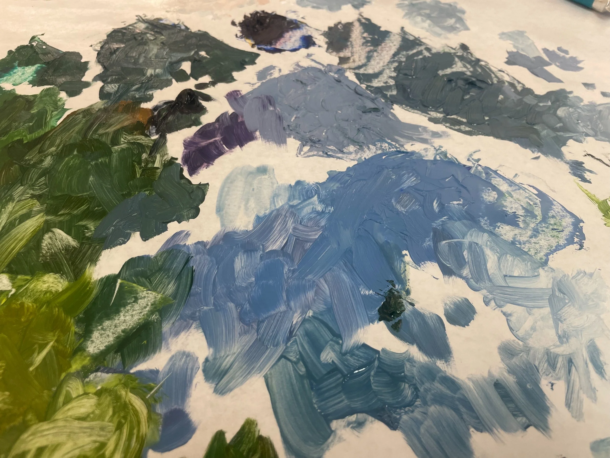 A painting with thick brushstrokes in shades of green, purple, blue, black, gray, and white on a white background.