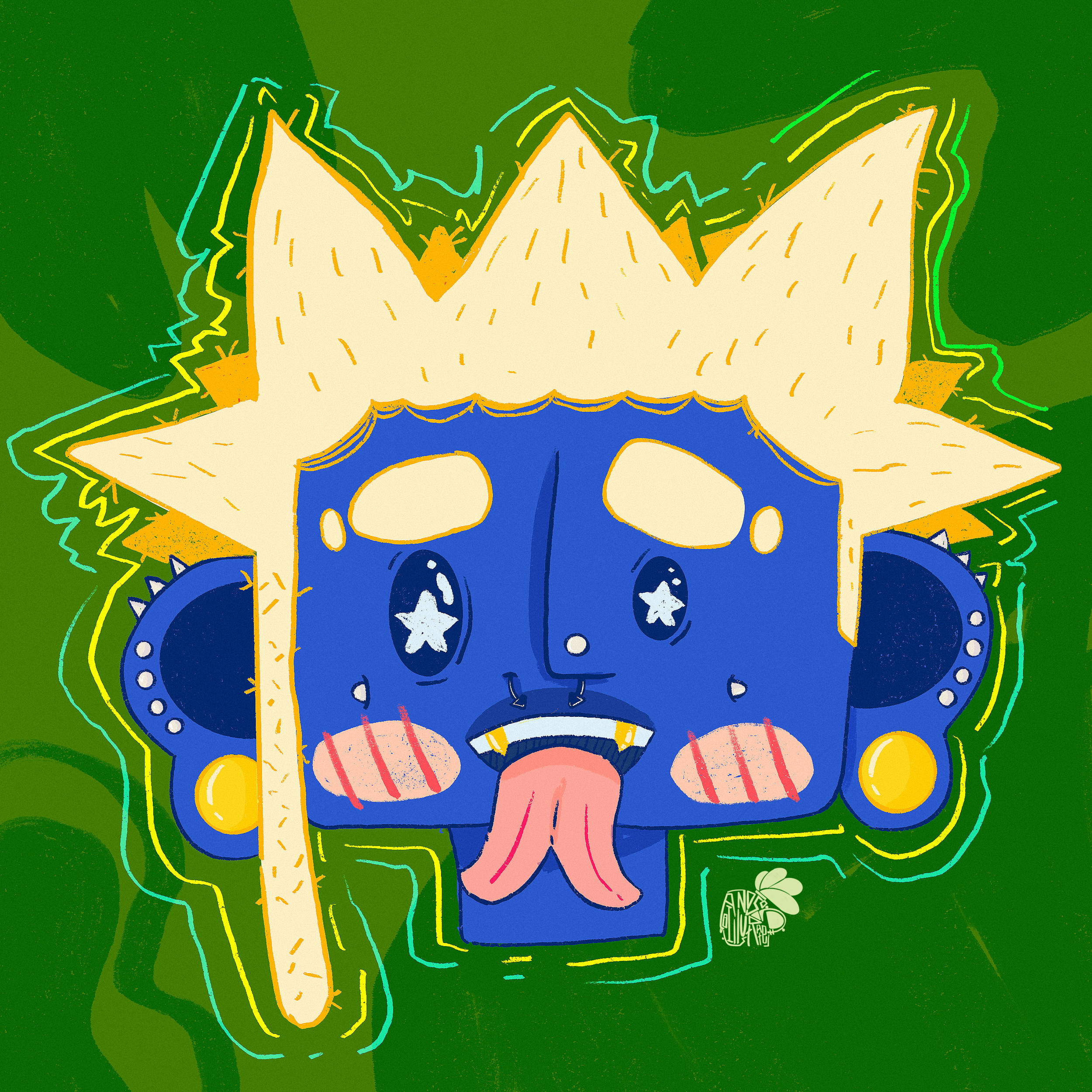 Cartoon illustration of a blue anime-style face with starry eyes, pink blush on cheeks, tongue sticking out, large yellow earrings, and a crown of yellow stars on the head, set against a green background.