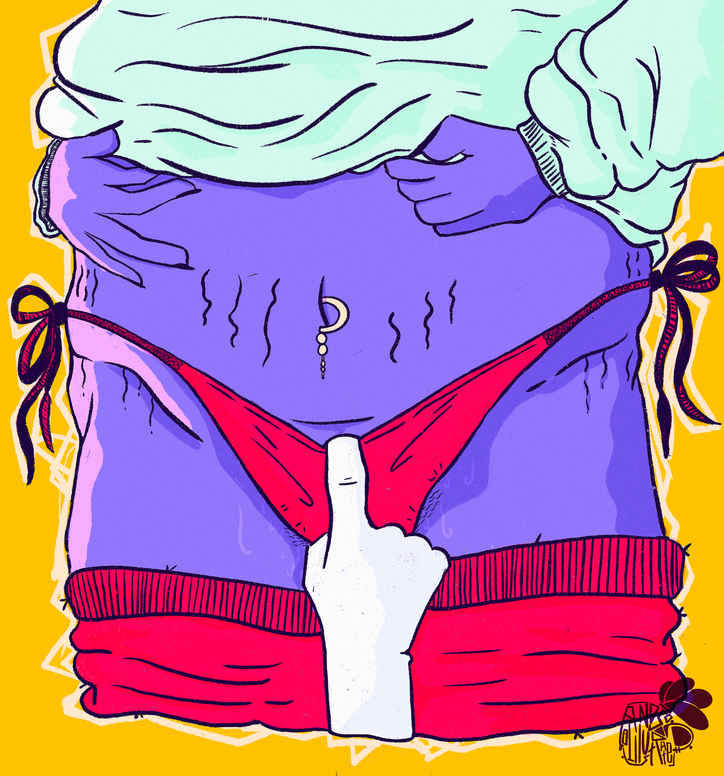 A stylized digital illustration of a person's lower torso and hands. The person is wearing red underwear with black laces and a white sweater. A white hand with a middle finger raised is pointing at their lower belly, where there is a small piercing 