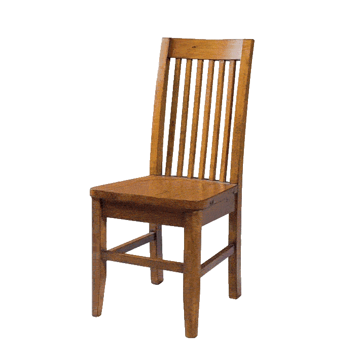 A wooden chair with a slatted backrest and four sturdy legs