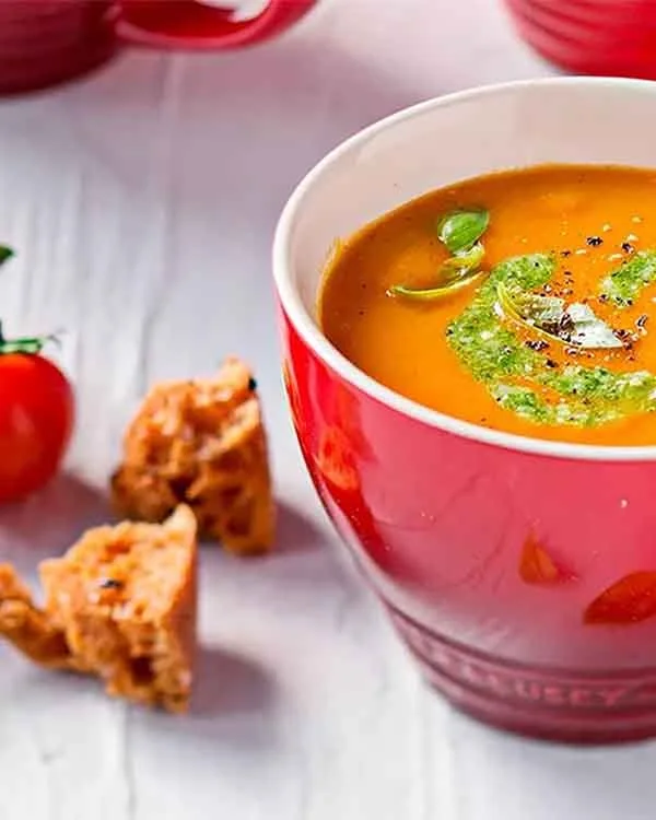 Roasted Tomato Soup with Basil Pesto