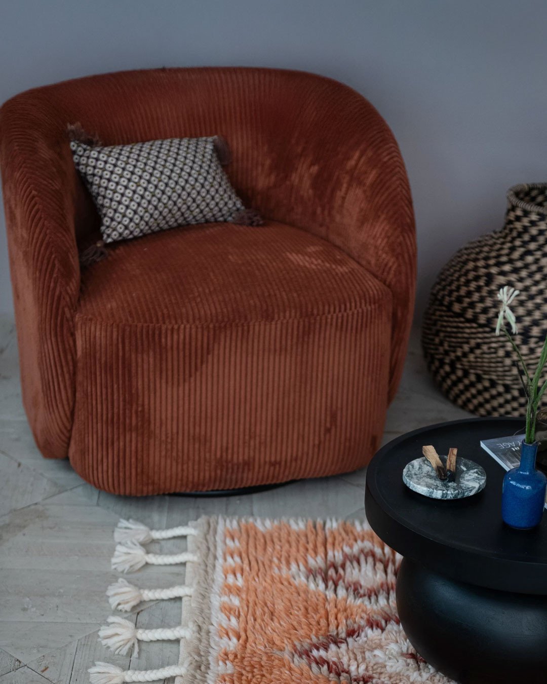 Turn heads while you turn seats. 🔸⁠
The Yale Swivel Chair brings bold style to small spaces with its rust-colored wide-wale corduroy and sleek black steel base.⁠
Compact, cozy, and full of character &mdash; available now for in-store pickup only.