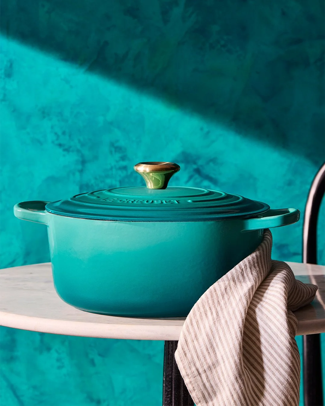 Breezy and exuberant, meet Riviera. 🌊⁠
⁠
The newest hue from Le Creuset captures the quiet luxury of the Mediterranean coast &mdash; glossy blue-green tones that shimmer like sunlit waters, finished with a timeless gold knob.⁠
⁠
Sunlit afternoons. O