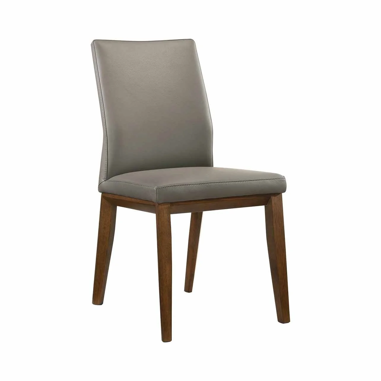 A modern dining chair with a high upholstered grey leather backrest and seat, supported by four wooden legs.