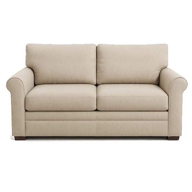A beige fabric sofa with wooden legs against a white background.