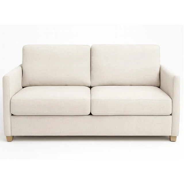 Gray upholstered three-seat sofa with wooden legs on a white background.