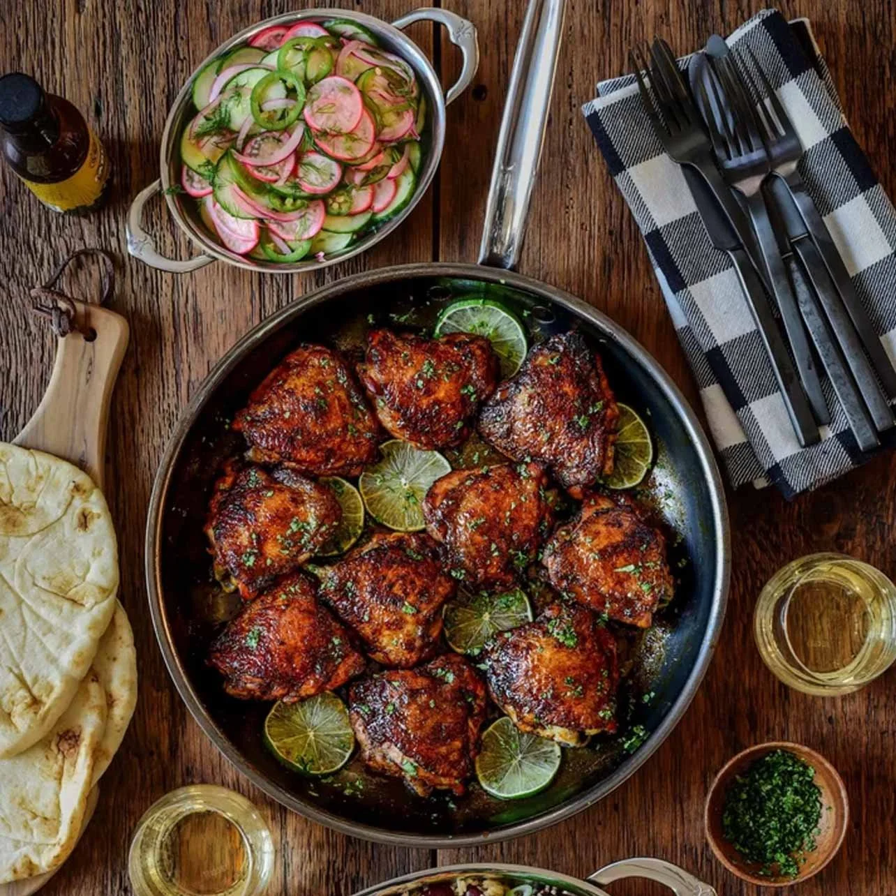 A table full of food including a tray of cooked chicken drumsticks garnished with lime slices, a bowl of sliced radishes and cucumbers, a bottle of hot sauce, a small bowl of green herbs, and glasses of white wine, all on a wooden table with a black-and-white checkered napkin and black forks.