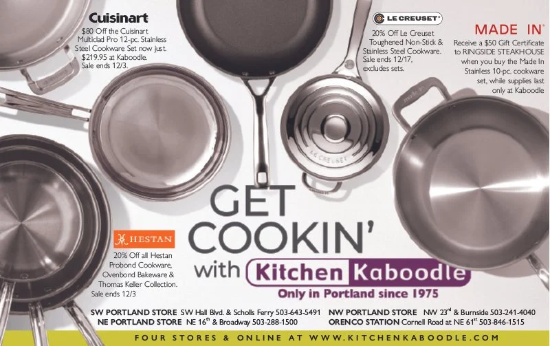 Advertisement for kitchen cookware sale with images of pots and pans, highlighting discounts on Cuisinart, Le Creuset, and Hestan cookware, with store locations and website.