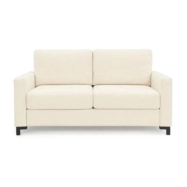 A light gray fabric sofa with two cushions and wide armrests, set against a white background.