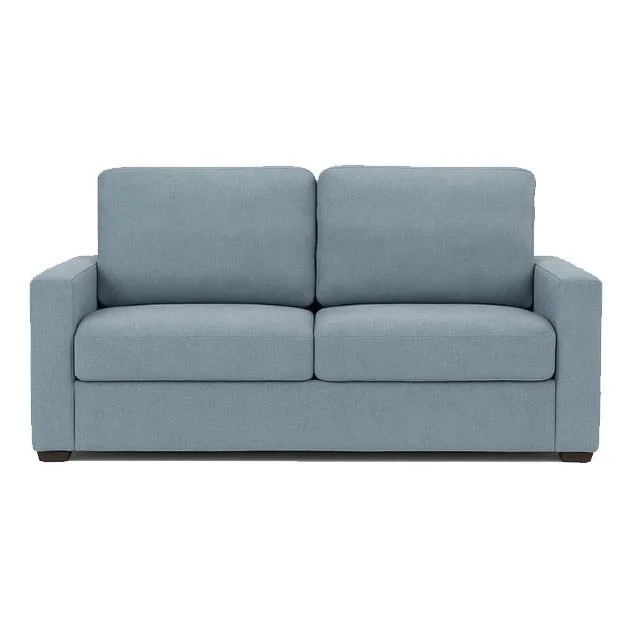 A navy blue three-seat sofa with armrests on both sides and wooden block feet.