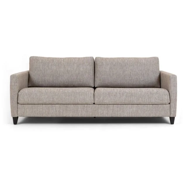 Gray upholstered three-seat sofa with armrests and wooden feet.