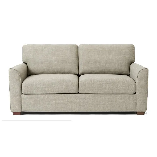 Gray fabric sofa with two seat cushions and rounded armrests against a white background.