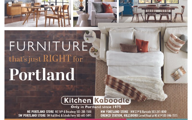 Collage of living and dining room furniture, including a wooden dining table with chairs, a gray sofa with pillows, and a wooden dining table with chairs. Text overlay promoting furniture stores in Portland.
