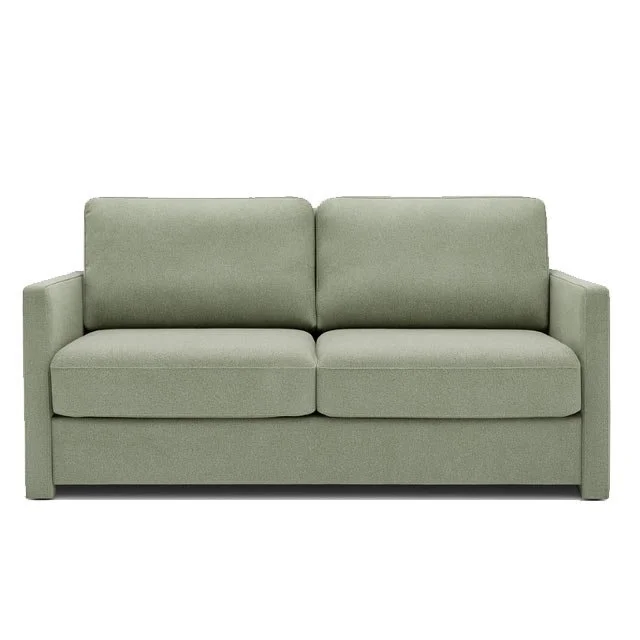 A beige fabric sofa with straight armrests and metal legs.